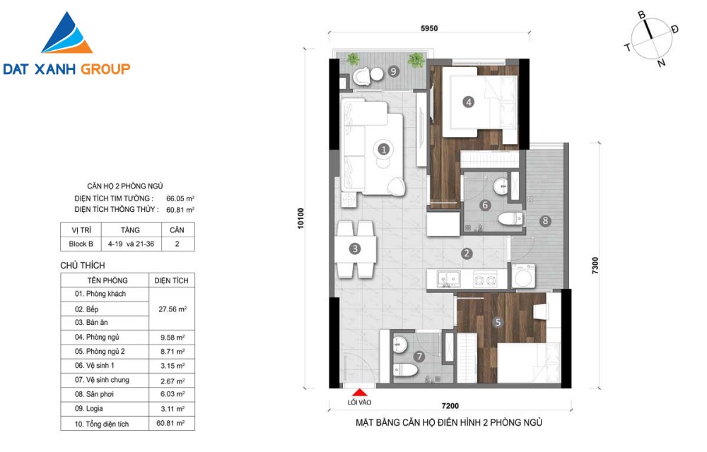 Thiết kế mẫu căn hộ 2 phòng ngủ